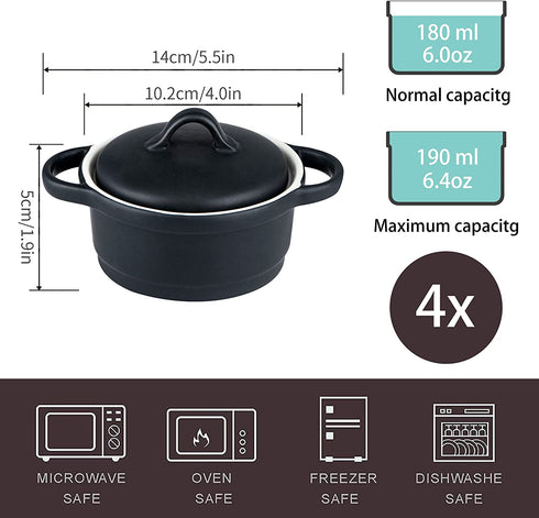 Ramekin with Lid, vancasso 6 Oz Creme Brulee Ramekins Bowls, Porcelain Soufflé Dishes Set of 4 Oven Safe for Baking, Small Ceramic Casserole Dish with Cover and Handle for Cake, Dessert, Black