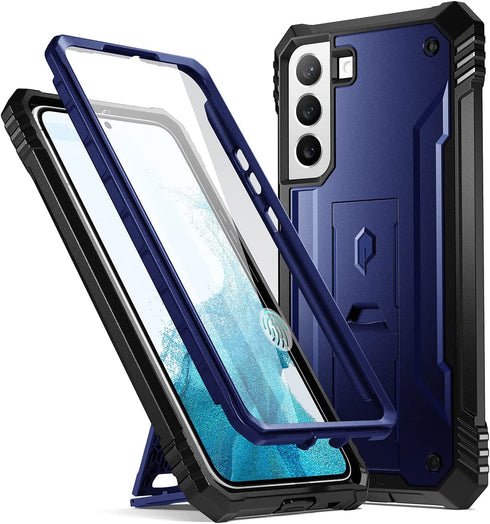 Poetic Revolution Case for Samsung Galaxy S22 5G 6.1 inch, Built-in Screen Protector Work with Fingerprint ID, Full Body Rugged Shockproof Protective Cover Case with Kickstand, Navy Blue