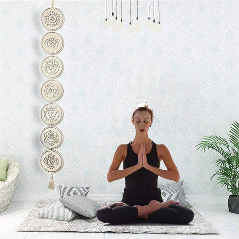5.9" 7 Chakra Decor Set, Wood Meditation Hanging Decorative, Sacred Geometry Wall Art, Yoga Wooden Grid Art Symbol for Bedroom, Home, Apartment, Living Room, Spiritual Gifts