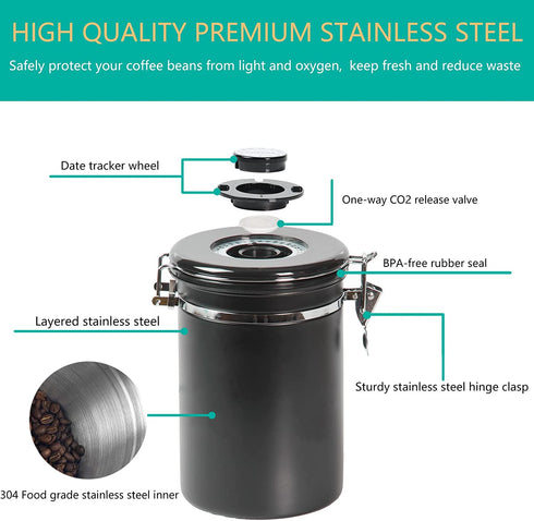 Feidet coffee canister , Airtight stainless steel coffee container with date tracker and scoop, 22 Oz coffee storage container for Grounds, Tea, Flour, Cereal, Sugar.