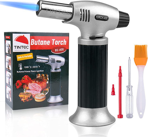 Culinary Blow Torch, Tintec Chef Cooking Torch Lighter, Butane Refillable, Flame Adjustable (MAX 2500°F) with Safety Lock for Cooking, BBQ, Baking, Brulee, Creme, DIY Soldering & more (Aluminum alloy)