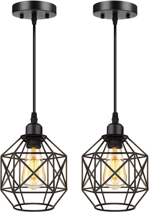 Pendant Lighting, Industrial Light Fixture, Retro Vintage Farmhouse Pendant Lights , Black Metal Cage Hanging Lights, Ceiling Lamp for Kitchen Island, Living Room, Dining Room, Loft, E26 Base, 2-Pack