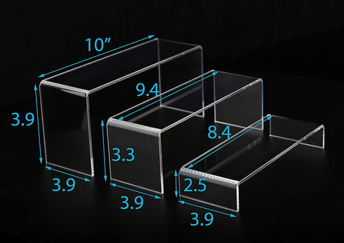 Jusalpha 3 PC Large Clear Acrylic Riser Set, Acrylic Display Risers Shelf Showcase Fixtures for Jewelry, Display Stand for Amiibo Funko POP Figures, Cupcakes, Food Display, Cabinet- 10 x 3.9 x 3.9 in