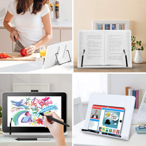 Book Stand Holder for Reading Hands Free Textbook Paper Stand Holders 13.2inch Medium 6 Angle Adjustable Lightweight Portable Foldable Sturdy White Desk Stand for Tablets Surface iPad and More