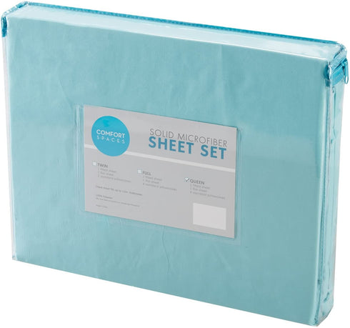 Comfort Spaces CS20-0118 Microfiber Set 14" Deep Pocket, Wrinkle Resistant All Around Elastic-Year-Round Cozy Bedding Sheet, Matching Pillow Cases, Queen, Aqua