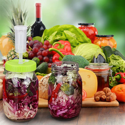 Fermentation Jars Kit - Included 2 Wide Mouth 36Oz Mason Jars, 2 Airlocks & Plastic Lids kit, Used to Make Sauerkraut, Kimchi, Pickles, Fermented Probiotic Foods, etc (Mason Jars Kit, Green Lid)