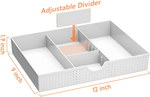 CAXXA 2PK - 3 Slot Drawer Organizer with Two Adjustable Dividers - 5 Compartments Drawer Storage Junk Drawer Organizer for Office Desk Supplies and Accessories, White