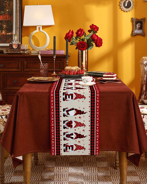 Valentine's Day Cotton Linen Table Runner Red Buffalos Check Plaid Dresser Scarves, Gnomes and Love Heart Table Runners for Farmhouse Kitchen Dinning Table Decor