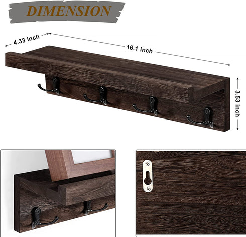 Coat Rack Wall Mount with Shelf Coat Racks with Hooks Bathroom Shelf with Hooks Entryway Coat Rack Organizer for Hanging Hat Keys Set of 2, Expresso