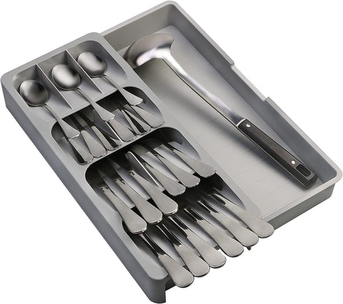 KAKUNM Kitchen Drawer Organizer Expandable Adjustable Utensils Silverware Tray for Drawer, Spoon Knife and Fork Partition Storage,Large, Gray