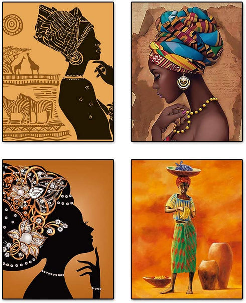 Ethnic Ancient Tribal Retro Style Wall Art Painting Prints Aesthetic African American Themed Black Woman Wall Artworks for Home Decor Girls Bedroom Bathroom Canvas Wall Poster, Set of 4 (8"X10" Unframed )
