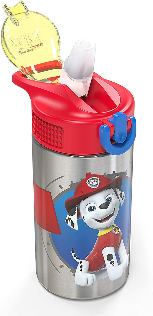 Zak Designs 18/8 Stainless Steel Kids Water Bottle with Flip-up Straw Locking Spout Cover, Durable Cup for Sports or Travel (15.5oz, Paw Patrol Marshall) (PWPT-S731)