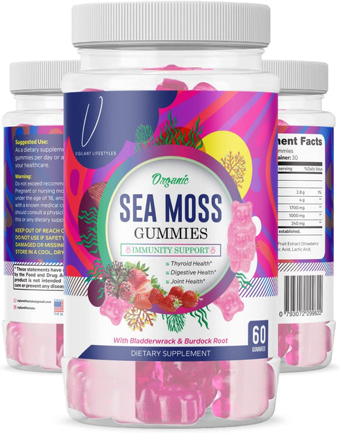 Vigilant Lifestyles Organic Strawberry Seamoss Gummies - with Burdock & Bladderwrack for - Thyroid - Healthy Skin - Gut - Vitamin C - Collagen - Joint - Keto-Detox & Immune System - 60 Count