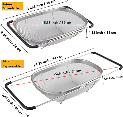 Over The Sink Stainless Steel Oval Colander with Expandable Rubber Grip Handles Strainers, Fine Mesh Strainer Basket Kitchen 6 Quart Colander for Strain, Drain, Rinse Fruits, Vegetables