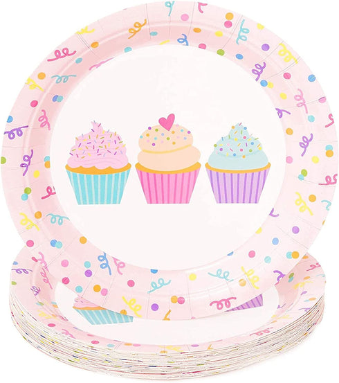 144 Pieces Cupcake Party Supplies, Paper Plates, Napkins, Cups and Cutlery (Serves 24)