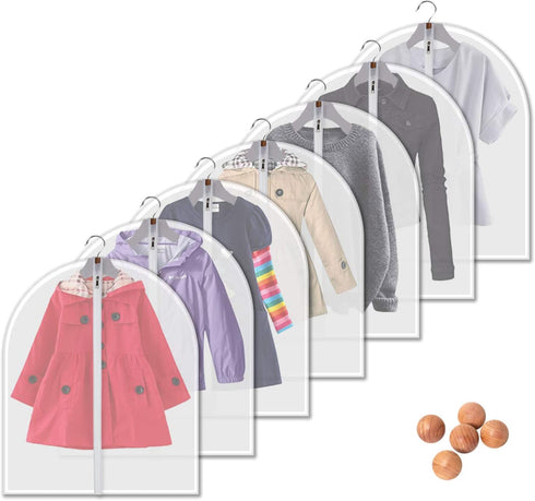VOSIGREEN Dust Proof Garment Bags 7 Piece Set - 31 Inch Translucent Garment Covers with Full-Length Zipper for Closet Clothes Storage and Travel. Bonus: 5 Natural Cedar Ball.