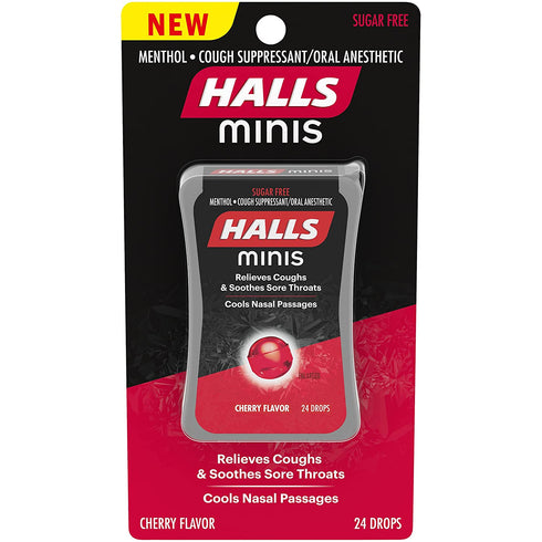 Halls Minis Cherry Flavor Sugar Free Cough Drops, 24 Drops