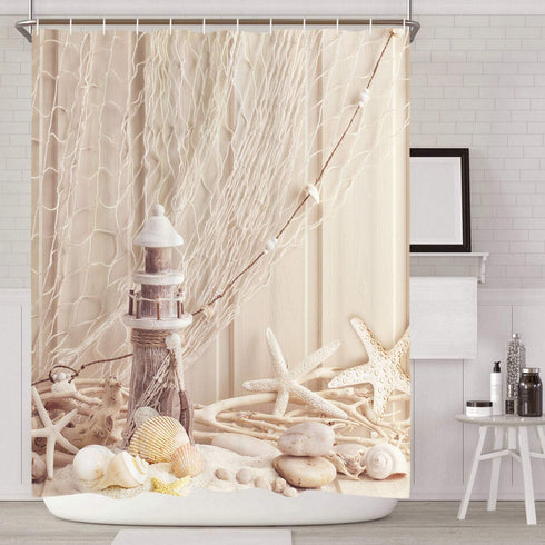 Nautical Shower Curtain Coastal Sea Shell Fishing Net Marine Ocean Beach Theme Bathroom Decor Lighthouse Starfish Bathroom Accessory with Hooks