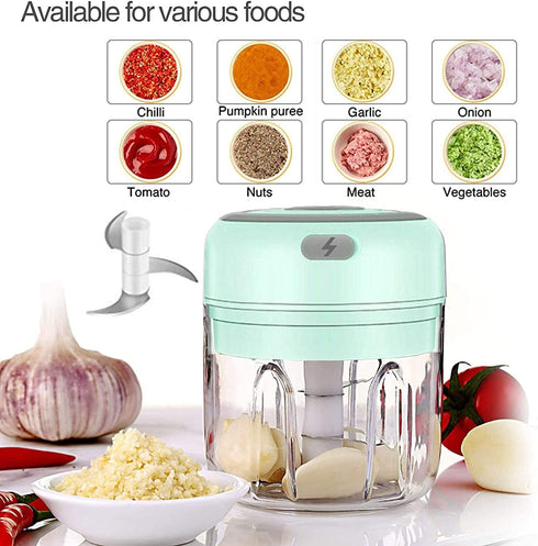 Mini Electric Chopper Garlic Machine Food Chopper Onion Processor with Three Blade/USB charging line/Magnetic Lock for Onions/Vegetables/Meat/Salad/Pepper, Outdoor/Gift/Kitchen/Barbecue/Picnic (250ML)