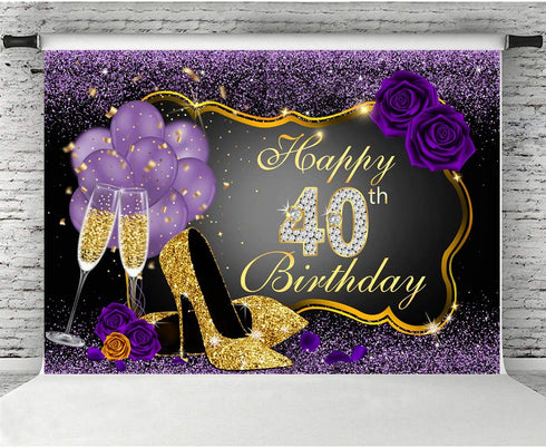 Happy 40th Birthday Backdrops Shining Purple Dots and Gold Frame Photography Background for Party Decorations Rose Floral Balloons Heels Champagne Glass Party Banner Supplies Photo Studio Props 7x5ft