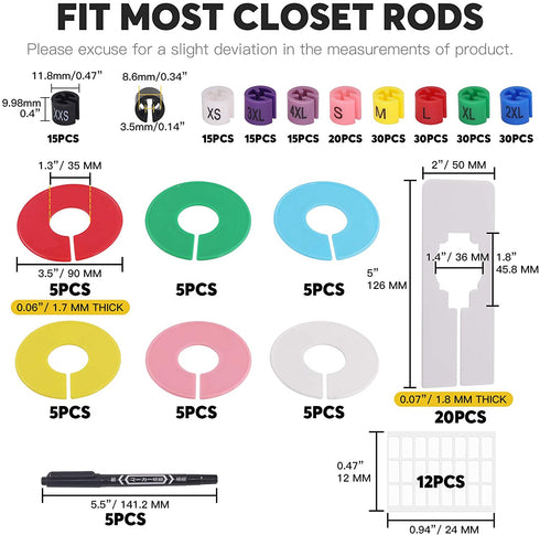 Mardatt 256Pcs Clothing Size Dividers Assortment Kit Including 20Pcs Rectangular Closet Dividers, 30Pcs Round Closet Dividers, 200Pcs Hanger Size Markers w Markers and Adhesive Labels