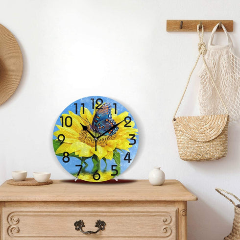 Naanle Chic Beautiful Sunflower Blue Butterfly Round Wall Clock, 9.5 Inch Battery Operated Quartz Analog Quiet Desk Clock for Home,Kitchen,Office,School