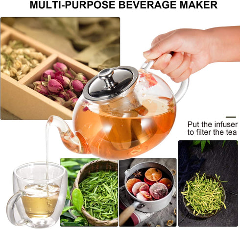 Glass Teapot Kettle, OAMCEG 40 OZ / 1.2 L Teapot with Removable Infuser & Lid & Handle, Glass Tea Kettle Stovetop Safe, Great For Loose Leaf Tea, Blooming Tea, Tea Bags & Fruit Infused Water