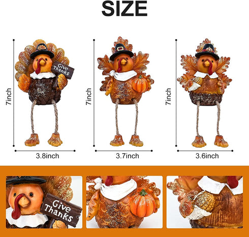 ALLADINBOX Thanksgiving Turkey Tabletop Centerpieces 3 Pcs Resin Pilgrim Turkey Figurines Thanksgiving Decorative Shelf Sitters with Dangling Legs, Harvest Fall Decor Home Kitchen Autumn Displays