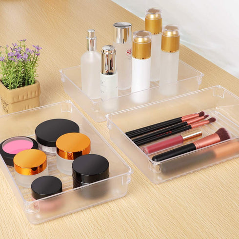 Kootek 4 Pack Large Size Desk Drawer Organizer Tray Rectangle Plastic Bathroom Organizers Kitchen Utensils Silverware Gadgets Trays Dividers Bins for Dresser Cosmetic Makeup Tools Office Cabinets