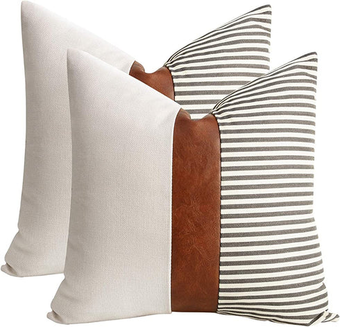 cygnus Set of 2 Farmhouse Decor Stripe Patchwork Linen Throw Pillow Covers,Modern Tan Faux Leather Accent Pillow Covers 18x18 inch,Gray