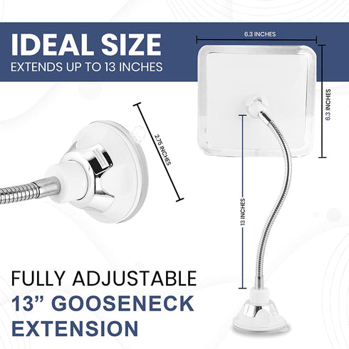 Mirrorvana Flexible Fogless Shower Mirror for Shaving with Height Adjustable Gooseneck, 360° Swivel and Upgraded Suction, Shatterproof 6.3" x 6.3" Surface