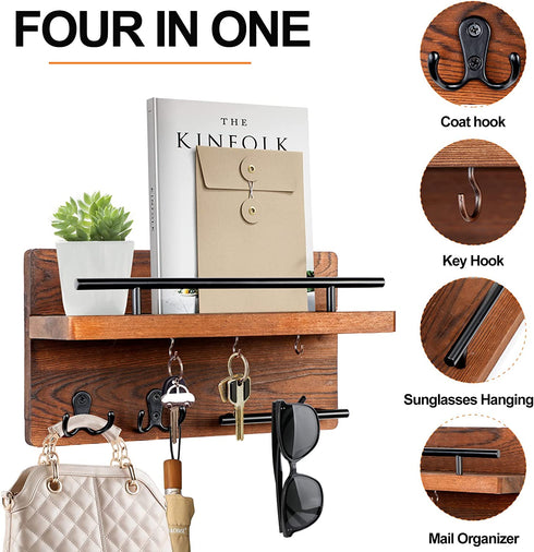 OurWarm Key Holder and Mail Organizer Wall Mounted with Key Hooks, Key Hanger Rack Rustic Home Decor for Entryway Mudroom Bathroom Kitchen, Brown