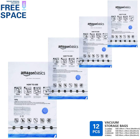 Amazon Basics Vacuum Compression Storage Bags with Hand Pump - 12-Pack (3 Jumbo, 3 Large, 3 Medium, 3 Small)