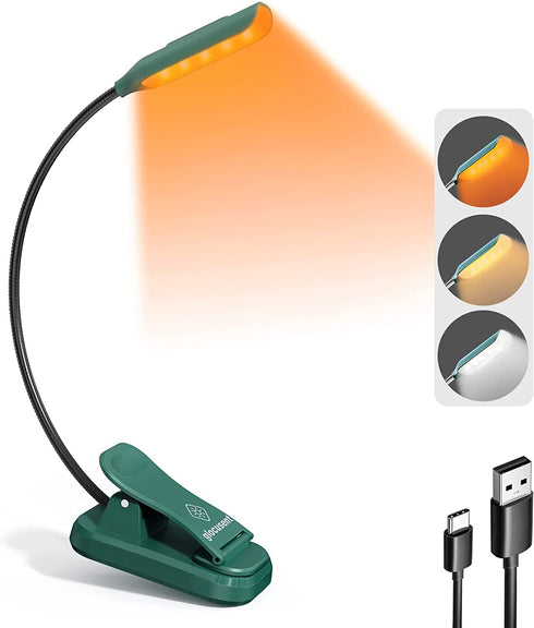 Glocusent Lightweight Rechargeable 10 LED Amber Book Light for Reading in Bed, Clip-on EyeCare Warm Reading Light up to 80Hrs, 3 Brightness Dimmable X 3 Color Modes, Perfect for Readers & Kids