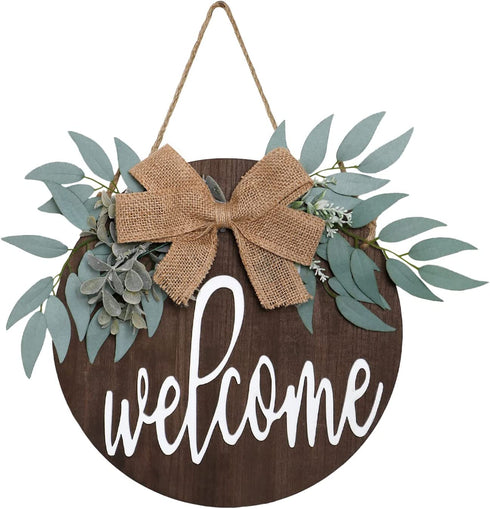 KHOYIME Welcome Sign for Front Porch - Rustic Wooden Door Hanger Farmhouse Front Door Decorations for Home Restaurant (Brown)