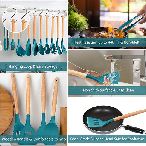 TeamFar 12Pcs Kitchen Cooking Utensils Set, Silicone Kitchen Gadgets Utensil Set for Nonstick Cookware with Wooden Handle, Spatula Spoon Turner, Non-Toxic & Non-Stick, Heat-Resistant, Blue