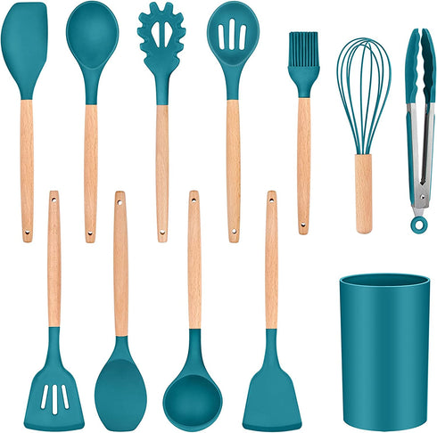 TeamFar 12Pcs Kitchen Cooking Utensils Set, Silicone Kitchen Gadgets Utensil Set for Nonstick Cookware with Wooden Handle, Spatula Spoon Turner, Non-Toxic & Non-Stick, Heat-Resistant, Blue