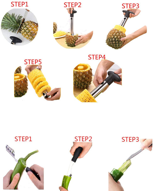 Pineapple Corer Peeler Slicer Cutter, Lemon Press Squeezer Manual Juicer, Apple Corer Remover and Jalapeno Pepper Corer Remover, yamesu 4-piece Set Bundle Kitchen Gadget Tools