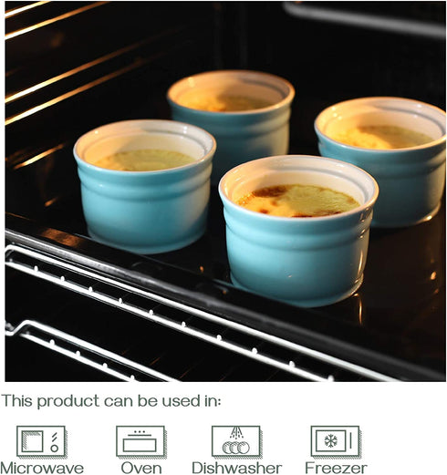 DOWAN Ramekins, Porcelain Ramekins 8 oz Oven Safe, Set of 6 Ramekins for Creme Brulee, Souffle Dishes Custard Cups Dessert Small Bowls for Pudding, Turquoise Ramekins for Baking