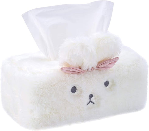 SQUISHY DOT Tissue Holder Decorative, Cute Tissue Box Cover, Fluffy Plush Cover, Home décor, Office Desk Decoration, car Accessories, Bunny, Rabbit (White, Fluffy Rectangle)