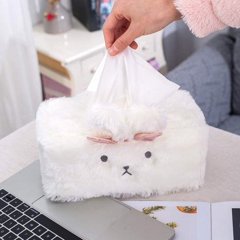 SQUISHY DOT Tissue Holder Decorative, Cute Tissue Box Cover, Fluffy Plush Cover, Home décor, Office Desk Decoration, car Accessories, Bunny, Rabbit (White, Fluffy Rectangle)