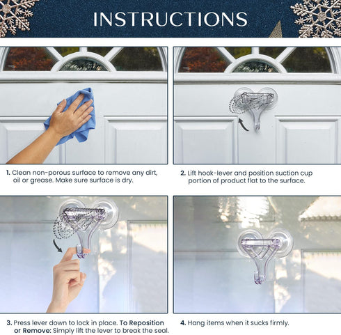 Lites-Up Heavy Duty Double Suction Cup Hook Reusable Wreath Hanger - Holds up to 25 LBs - Set of 2