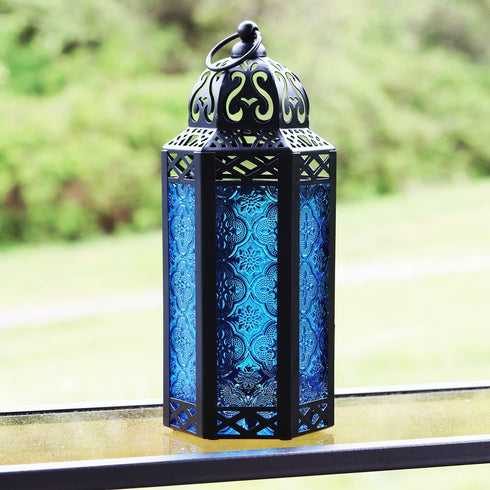 Vela Lanterns Moroccan Candle Lantern Decorative Holder with Blue LED Fairy String Lights, Medium