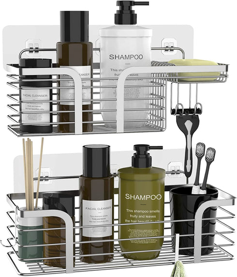 Shower Caddy Shelf Organizer 2-Pack with Soap Dishes, No Drilling Wall Mounted Shower Organizer with 4 Adhesives and 4 Hooks, SUS304 Stainless Steel Shower Storage Rack for Bathroom, Kitchen(Silver)
