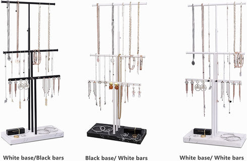 LKKL Jewelry Organizer Stand with Adjustable Extra Long Tier, 3-Tier Jewelry Holder Stand with Resin Tray, Necklace Holder, Jewelry Tree, Jewelry Tower For Earrings, Long Necklaces, Bracelets and Rings- White