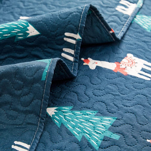Kids Quilt Set Full/Queen Size, Blue 3 Piece Alpaca Pine Tree Bedcover Animal Cartoon Printed Bedding Set Reversible Bedspread Coverlet Holiday Bedroom Decor Gift for Boys All Season(90"X 90")
