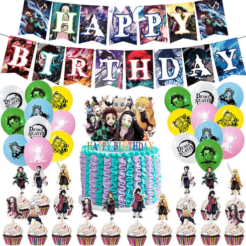 Danghe Japanese Anime Birthday Party Decorations 46 Pcs Manga Favors Japanese Anime Party Supplies with 1 Birthday Banner, 1 Cake Topper, 24 Cupcake Toppers, 20 Balloons