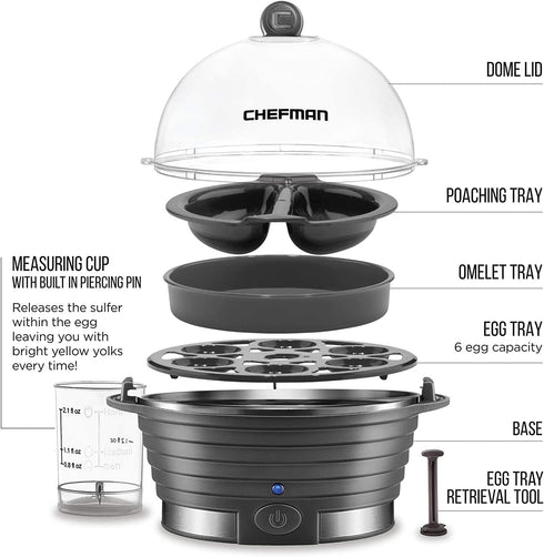 Chefman Electric Egg Cooker Boiler, Rapid Egg-Maker & Poacher, Food & Vegetable Steamer, Quickly Makes 6 Eggs, Hard, Medium or Soft Boiled, Poaching/Omelet Tray Included, Ready Signal, BPA-Free, Grey