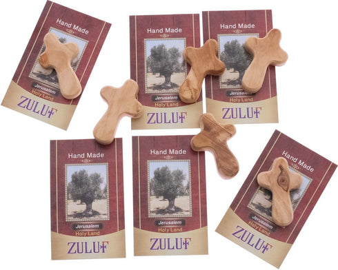 Zuluf Six Small Olive Wood Crosses The Holding Crosses From Israel | Handheld, Comforting Design for Clutching, Clinging With 6 Holy Land Certificates 6cm / 2.5 Inch Each Cross - CRS095