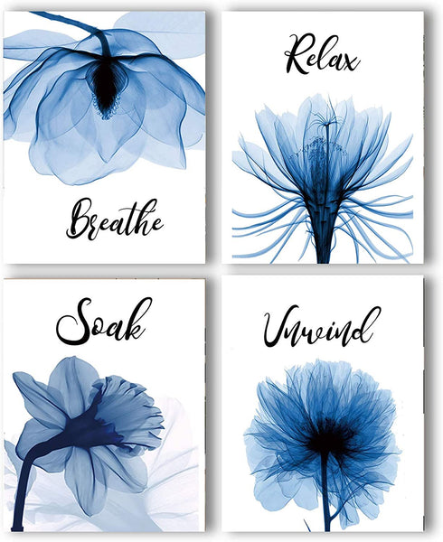 VOUORON Blue Elegant Tulip Relax Soak Unwind Breathe Bathroom Wall Decor Bathroom Wall Art Prints Set of 4 (8”X10” Canvas Picture) Bathroom Spa Woman Girl Bedroom Art Painting Home Decor Unframed
